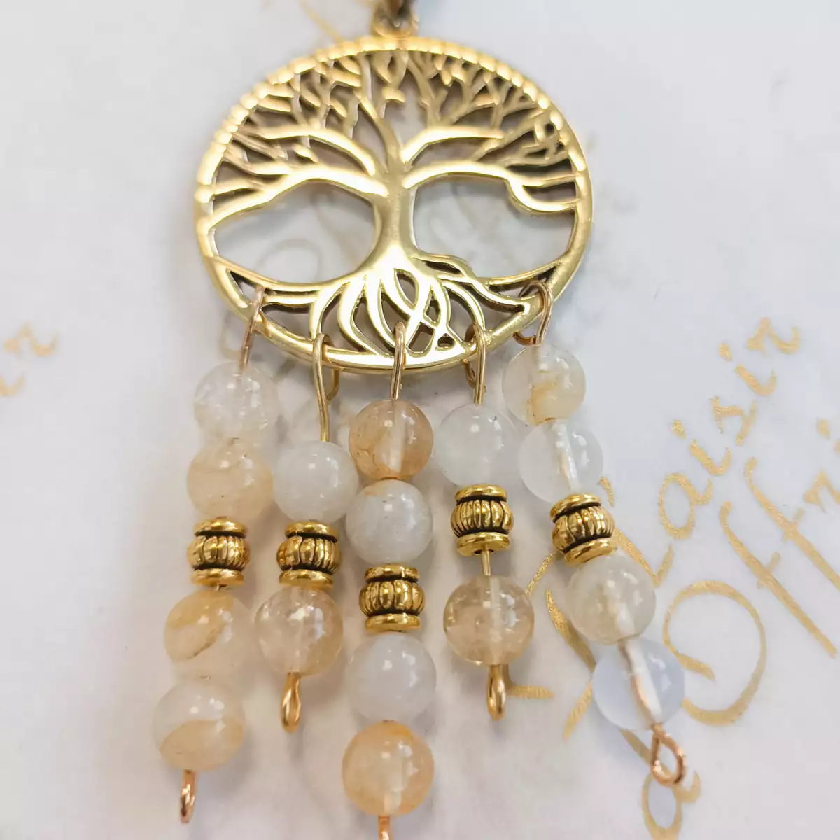 Pendentif Arbre de vie doré en citrine naturelle