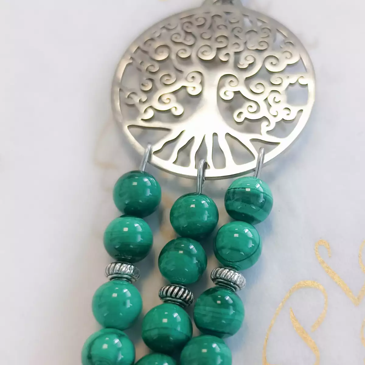 Pendentif Arbre de vie argenté en Malachite